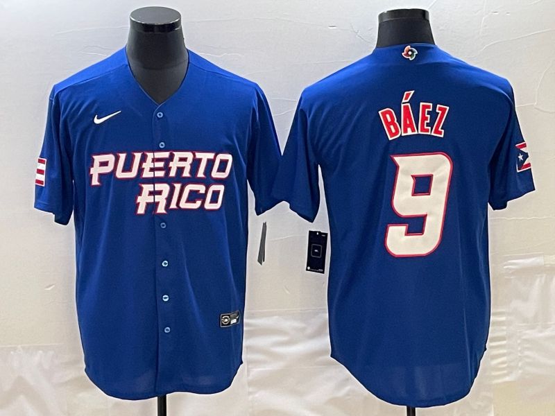 Men 2023 World Cub Puerto Rico 9 Baez Blue Nike MLB Jersey3